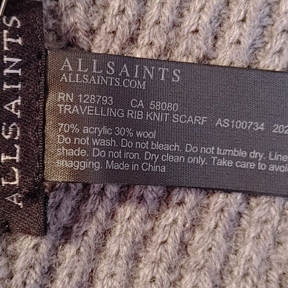 NWT ALL SAINTS WOOL BLEND TRAVELLING RIB KNIT GREY SCARF - Picture 7 of 9